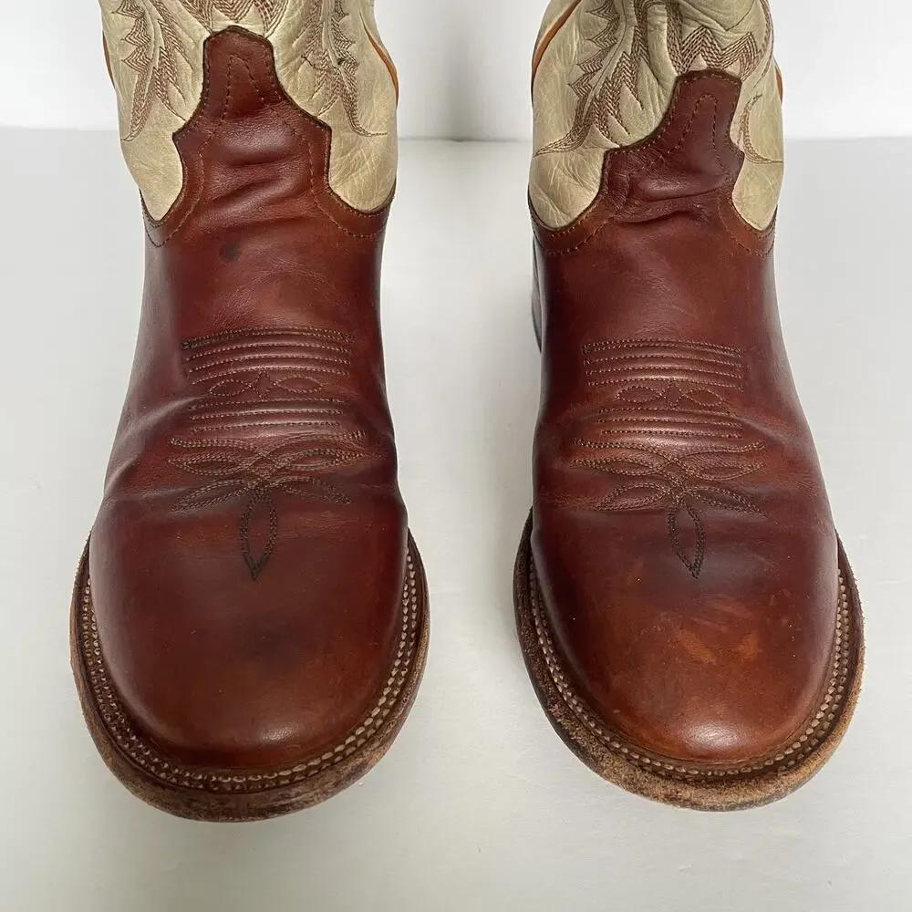 Vintage Tony Lama Roper Cowboy Boots Men’s 8.5 D Brown & Cream Leather USA Made